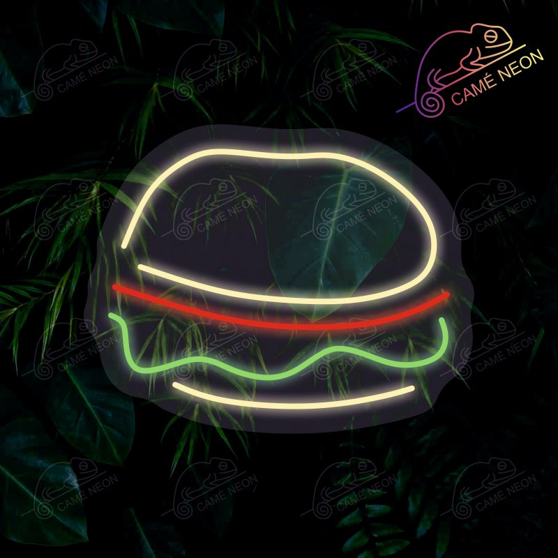Néon LED Burger Classique en rouge et jaune, idéal pour une ambiance gourmande dans un restaurant.