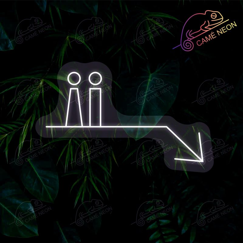 Néon LED Toilettes avec flèche lumineuse, en blanc, idéal pour signaler les toilettes dans un espace public.