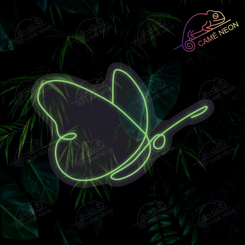 Néon LED papillon vert au design minimaliste et jungle, une décoration lumineuse écologique et tendance, idéale pour sublimer une chambre ou un bureau, fabriqué par Camé Néon
