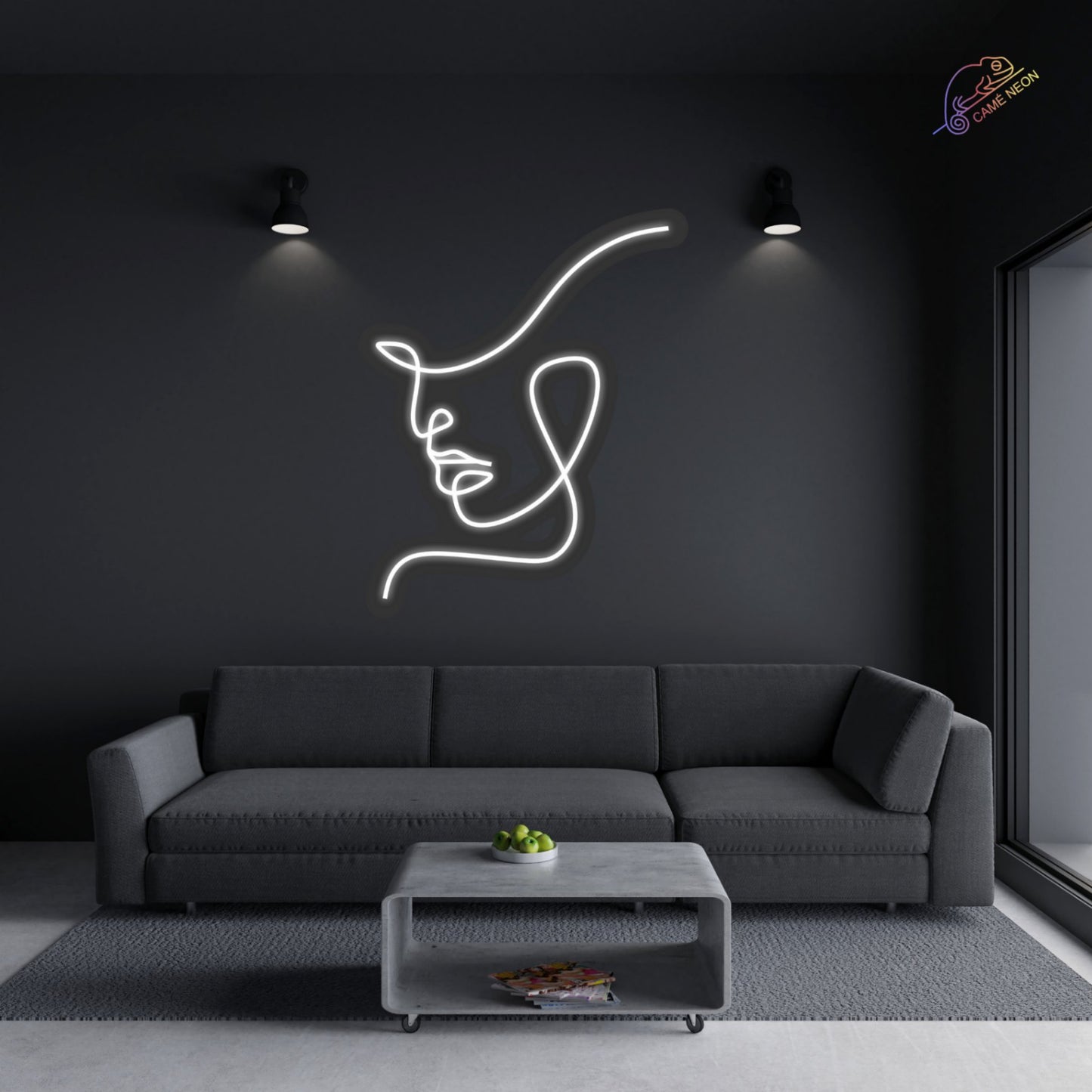 Néon LED Visage stylisé, en blanc lumineux, évoquant les mystères de l’expression humaine, idéal pour une décoration artistique et chouette