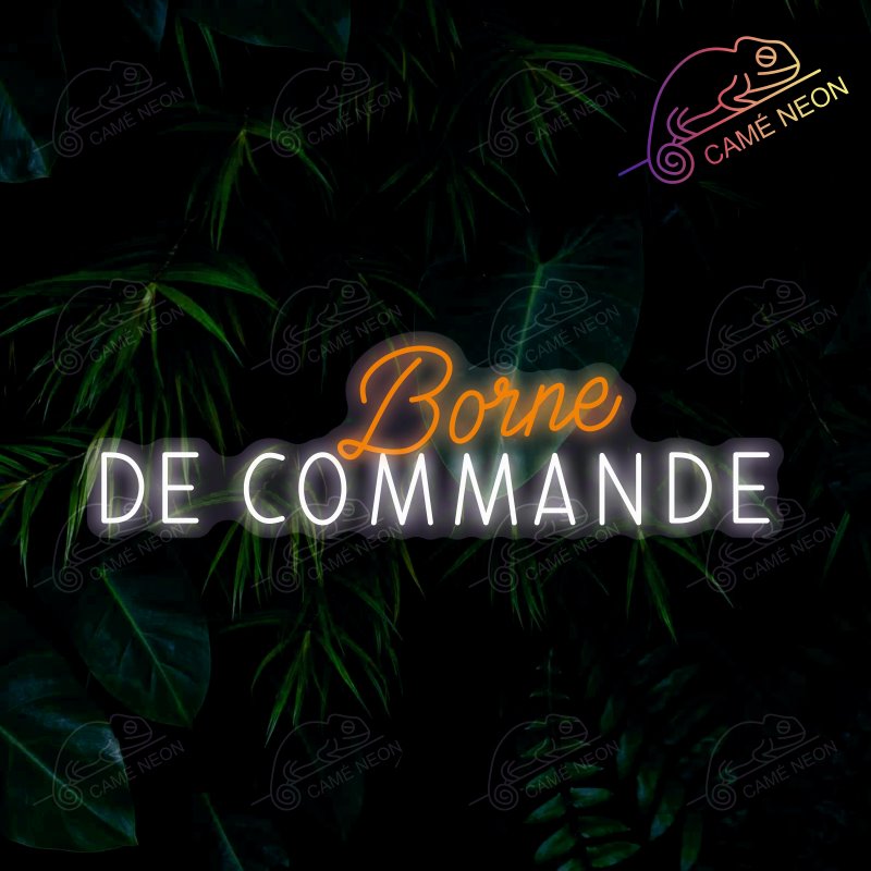 Néon LED Borne de Commande lumineux, en blanc et bleu, idéal pour guider les clients dans un restaurant ou un commerce.