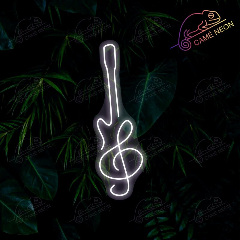 Néon LED Guitare Minimaliste lumineux, idéal pour une décoration élégante et épurée dans un studio ou un salon.