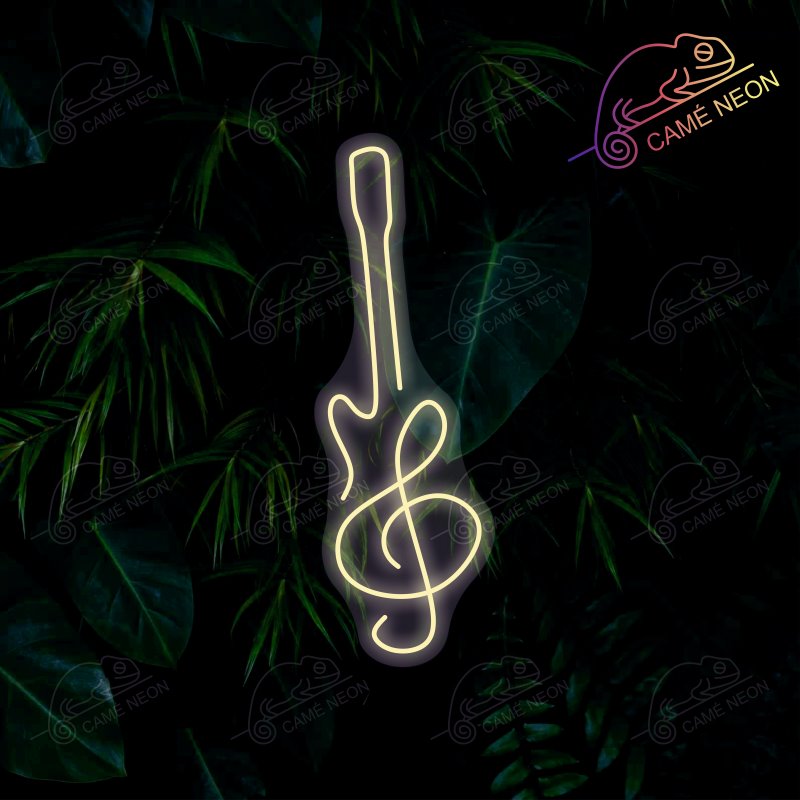 Néon LED Guitare Minimaliste lumineux, idéal pour une décoration élégante et épurée dans un studio ou un salon.