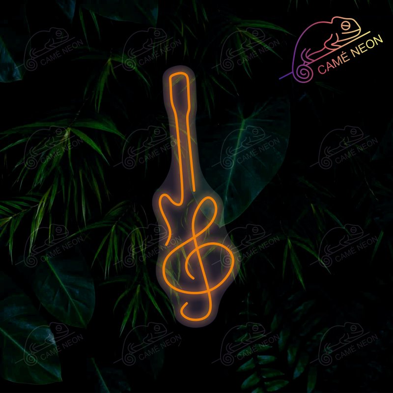 Néon LED Guitare Minimaliste lumineux, idéal pour une décoration élégante et épurée dans un studio ou un salon.