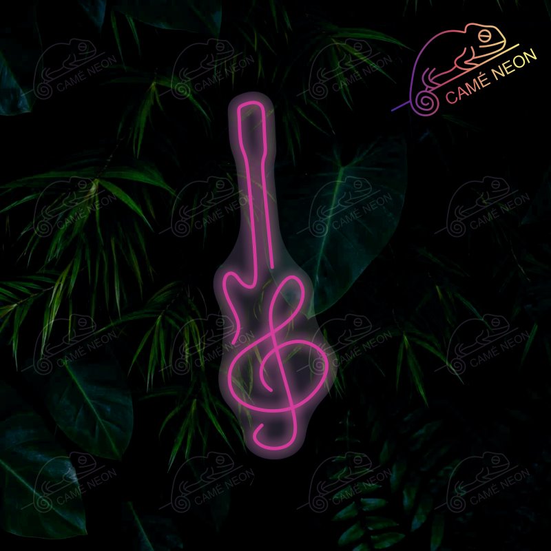 Néon LED Guitare Minimaliste lumineux, idéal pour une décoration élégante et épurée dans un studio ou un salon.