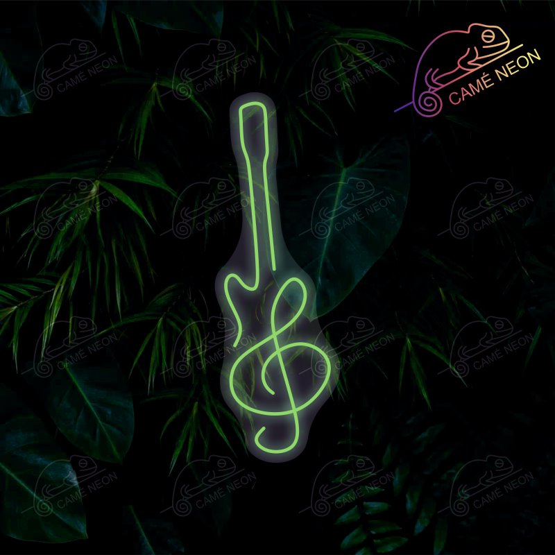 Néon LED Guitare Minimaliste lumineux, idéal pour une décoration élégante et épurée dans un studio ou un salon.