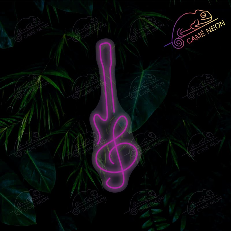 Néon LED Guitare Minimaliste lumineux, idéal pour une décoration élégante et épurée dans un studio ou un salon.