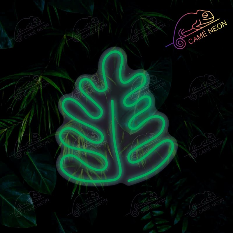 Néon LED Monstera lumineux, idéal pour une ambiance naturelle et moderne dans un salon ou une boutique.
