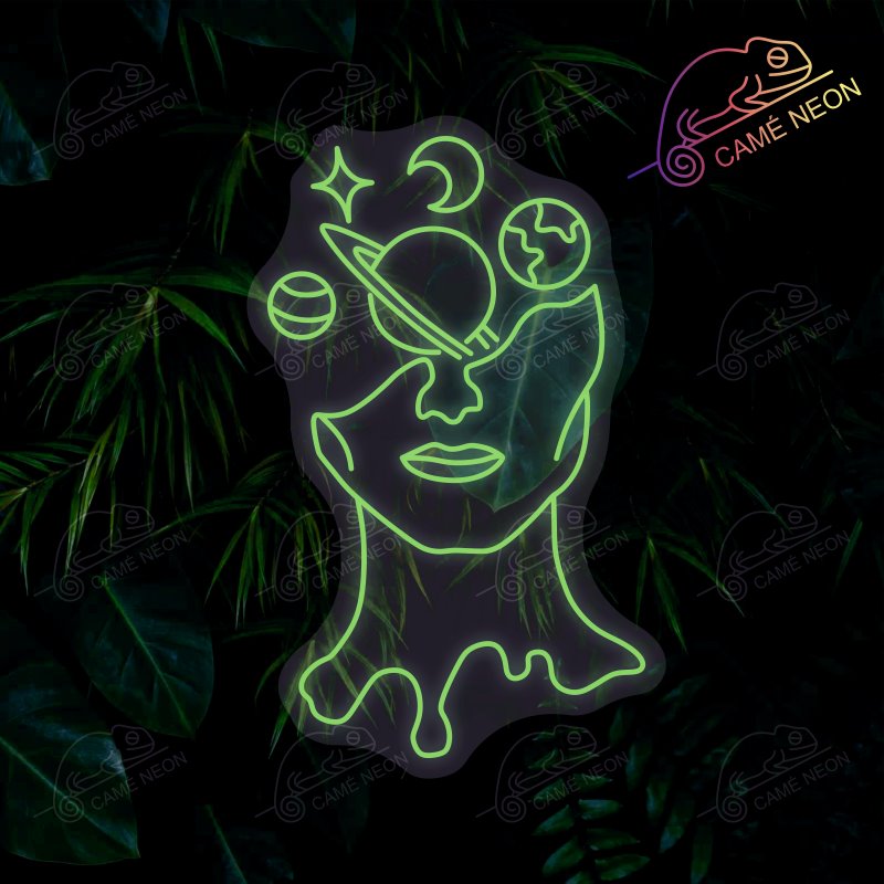 Néon LED Visage Planète minimaliste, en blanc lumineux, parfait pour une décoration moderne et apaisante.