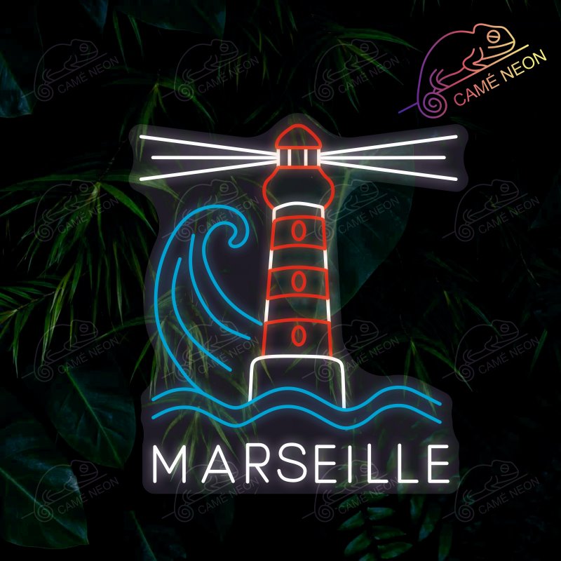 Néon LED représentant un phare et des vagues avec le texte Marseille, idéal pour une décoration maritime et moderne.