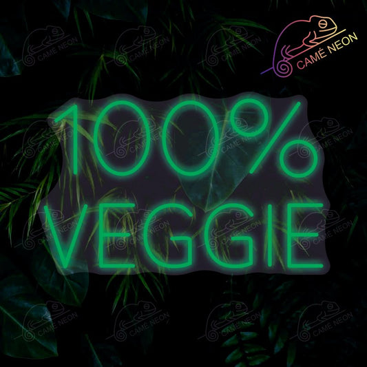 Néon LED "100% Vegie" en vert lumineux, parfait pour un restaurant végétarien ou une cuisine écoresponsable