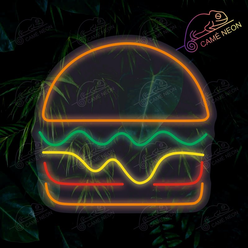Néon LED Burger Gourmet lumineux, idéal pour une ambiance élégante et gourmande dans un restaurant.