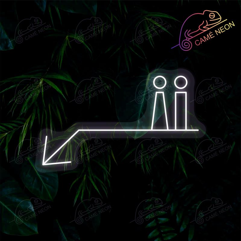 Néon LED Toilettes avec flèche lumineuse, en blanc, idéal pour signaler les toilettes dans un espace public.