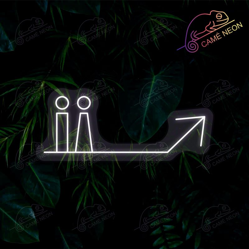 Néon LED Toilettes avec flèche lumineuse, en blanc, idéal pour signaler les toilettes dans un espace public.