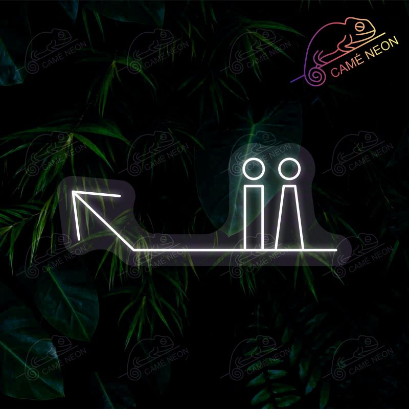 Néon LED Toilettes avec flèche lumineuse, en blanc, idéal pour signaler les toilettes dans un espace public.