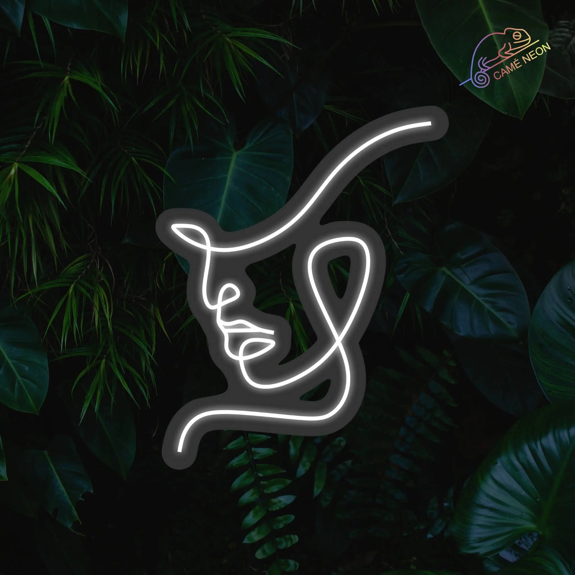 Néon LED Visage stylisé, en blanc lumineux, évoquant les mystères de l’expression humaine, idéal pour une décoration artistique.