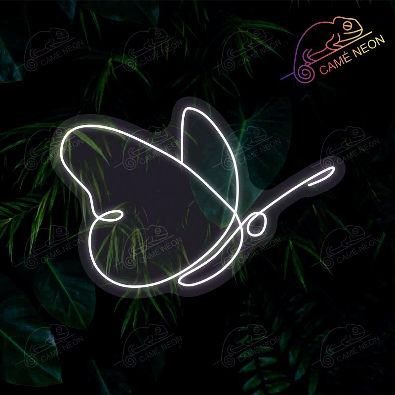 Néon LED papillon blanc au design minimaliste et jungle, une décoration lumineuse écologique et tendance, idéale pour sublimer une chambre ou un bureau, fabriqué par Camé Néon