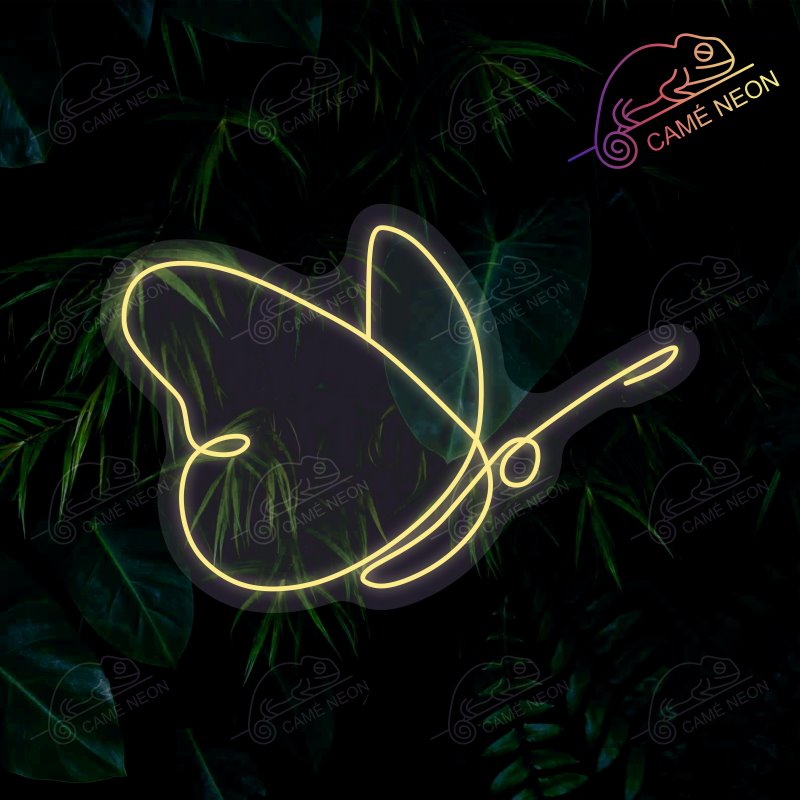Néon LED papillon or au design minimaliste et jungle, une décoration lumineuse écologique et tendance, idéale pour sublimer une chambre ou un bureau, fabriqué par Camé Néon