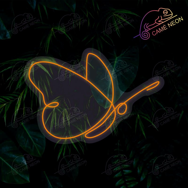 Néon LED papillon orange au design minimaliste et jungle, une décoration lumineuse écologique et tendance, idéale pour sublimer une chambre ou un bureau, fabriqué par Camé Néon