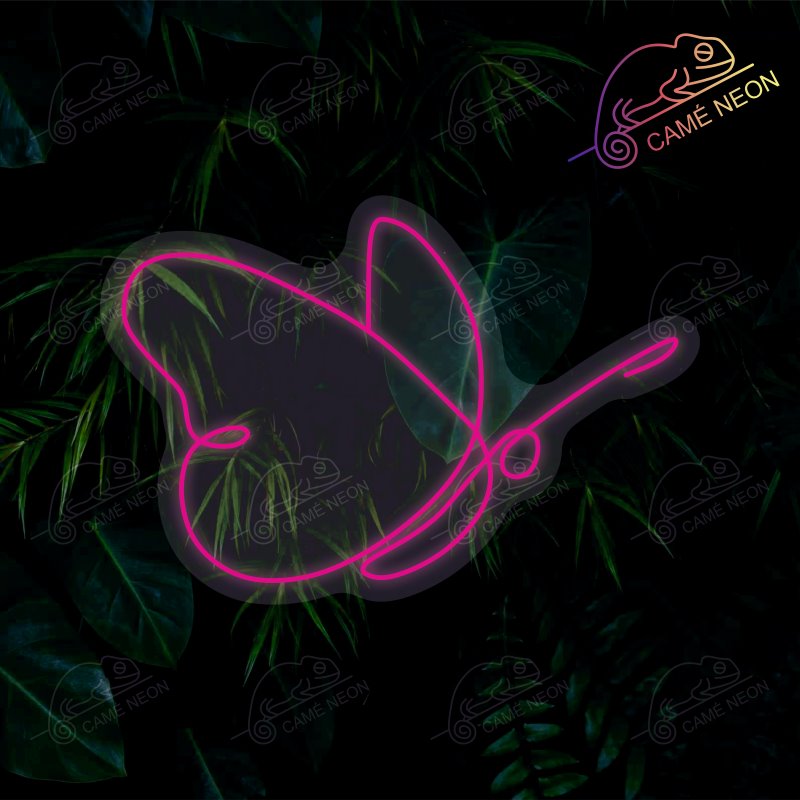 Néon LED papillon rose au design minimaliste et jungle, une décoration lumineuse écologique et tendance, idéale pour sublimer une chambre ou un bureau, fabriqué par Camé Néon