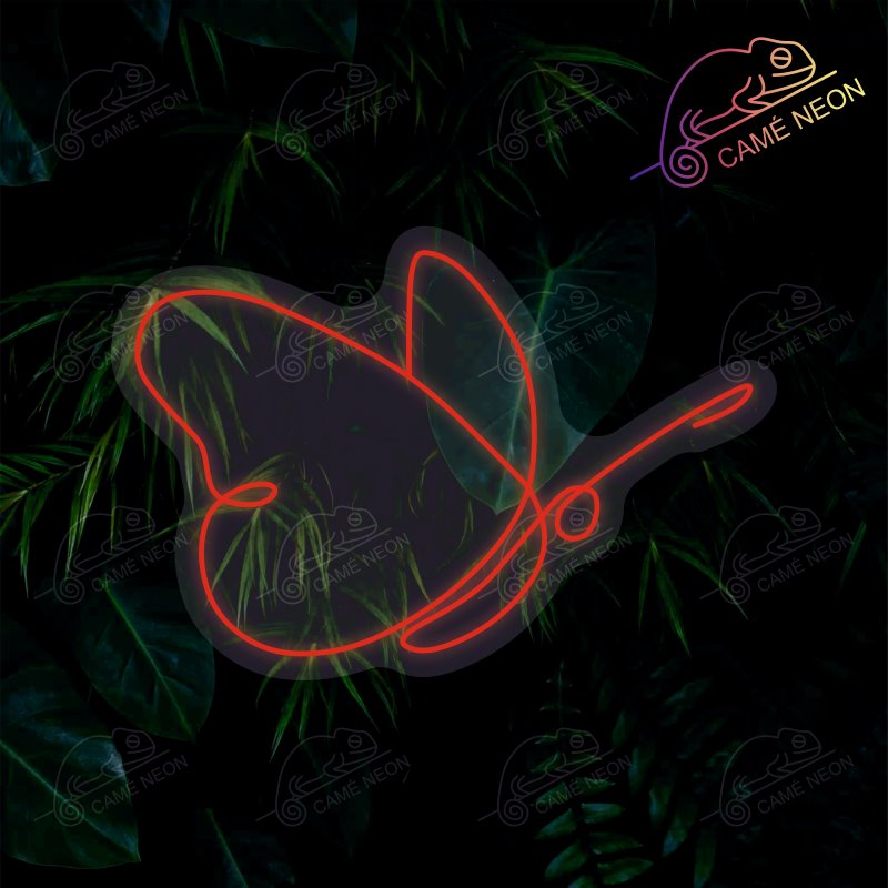 Néon LED papillon rouge au design minimaliste et jungle, une décoration lumineuse écologique et tendance, idéale pour sublimer une chambre ou un bureau, fabriqué par Camé Néon