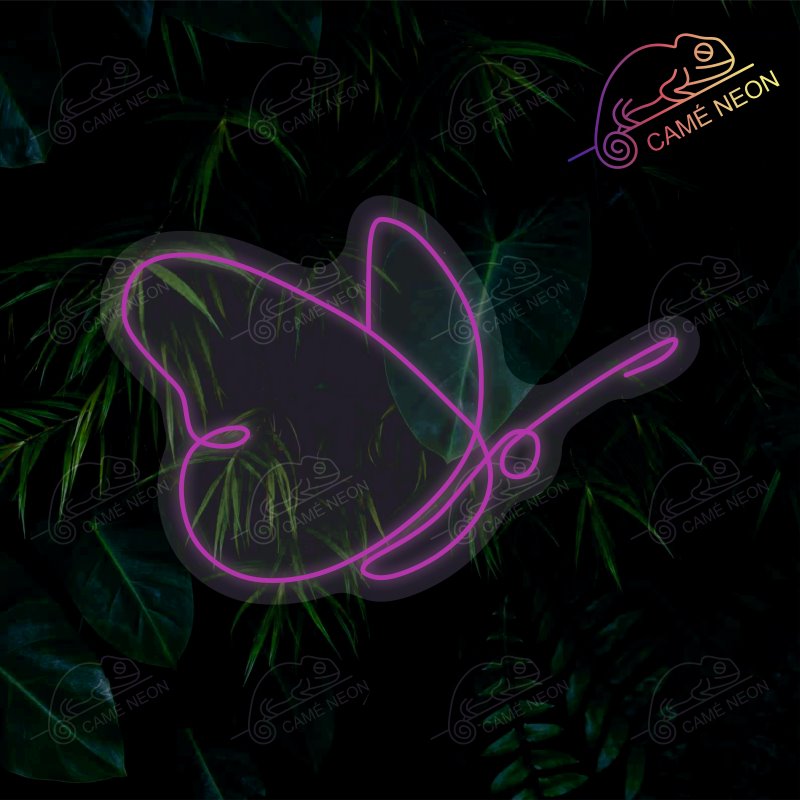 Néon LED papillon violet au design minimaliste et jungle, une décoration lumineuse écologique et tendance, idéale pour sublimer une chambre ou un bureau, fabriqué par Camé Néon