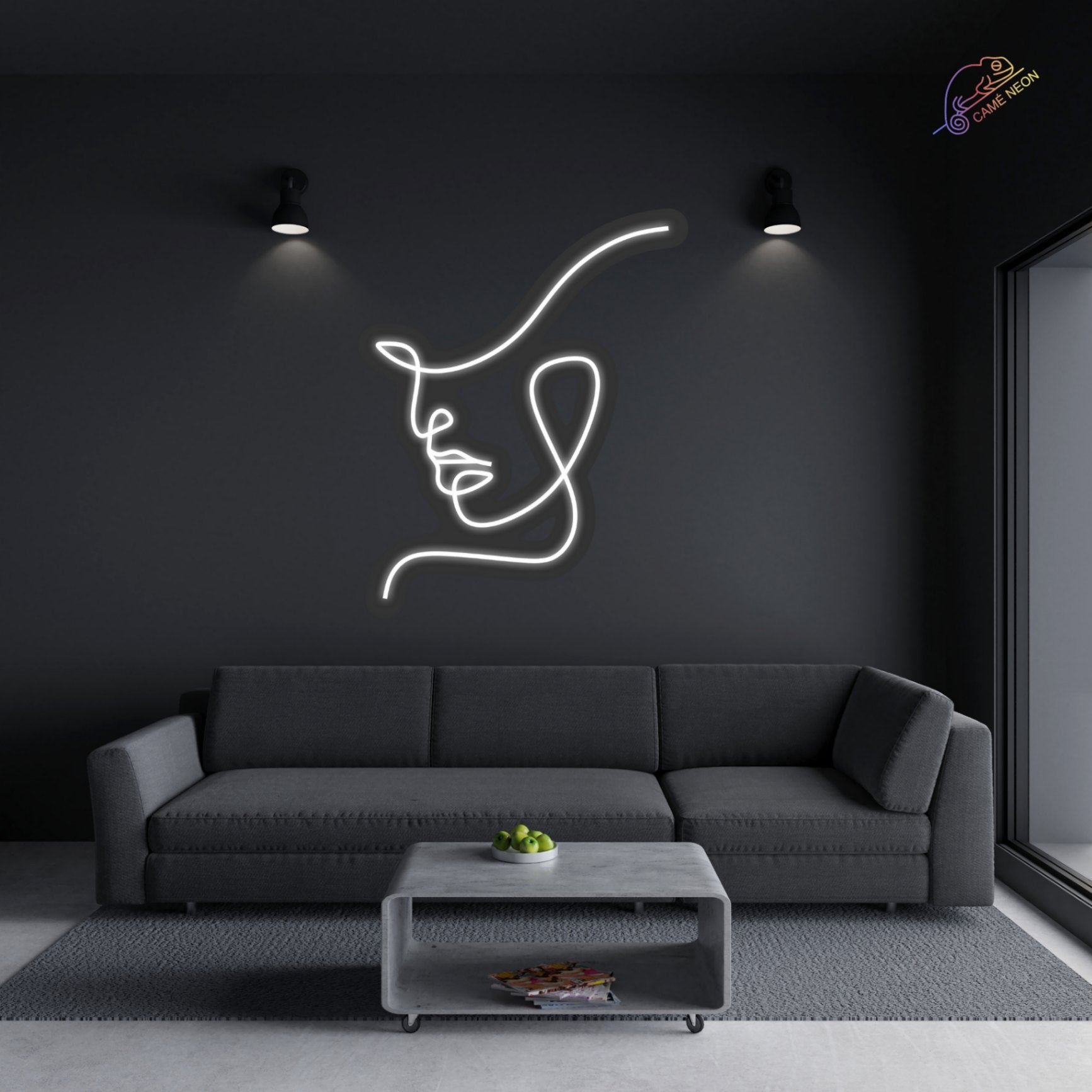 Néon LED Visage stylisé, en blanc lumineux, évoquant les mystères de l’expression humaine, idéal pour une décoration artistique et chouette