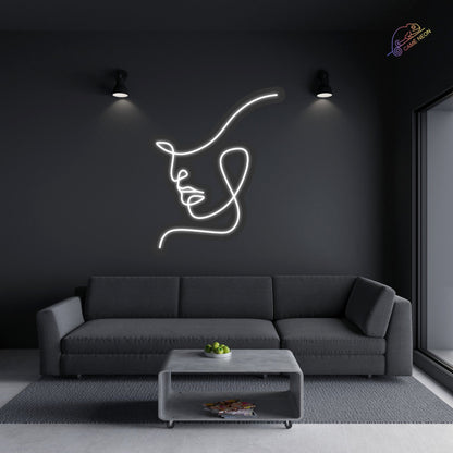 Néon LED Visage stylisé, en blanc lumineux, évoquant les mystères de l’expression humaine, idéal pour une décoration artistique et chouette