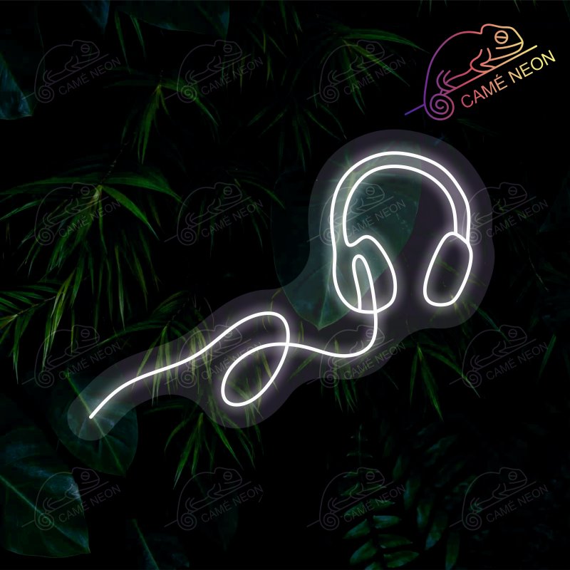 Néon LED casque audio blanc, parfait pour une décoration moderne et minimaliste.