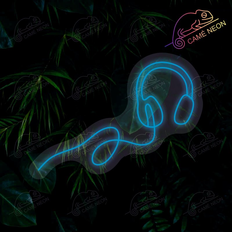 Néon LED casque audio bleu clair, parfait pour une décoration lumineuse et apaisante.