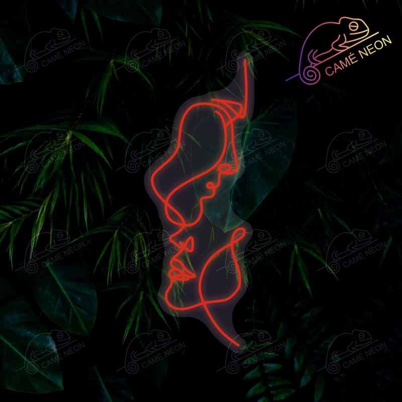 Néon LED Deux Visages lumineux, idéal pour une décoration artistique et élégante dans un salon ou une chambre.