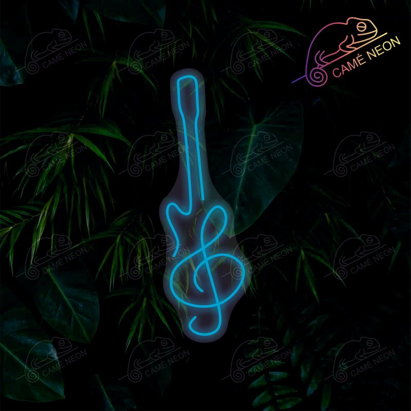 Néon LED Guitare Minimaliste lumineux, idéal pour une décoration élégante et épurée dans un studio ou un salon.