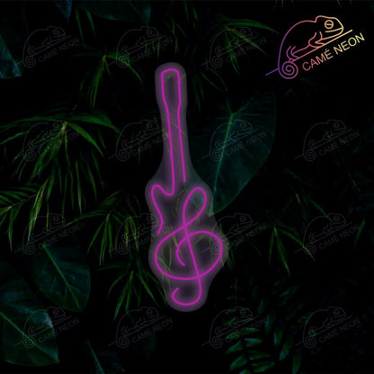 Néon LED Guitare Minimaliste lumineux, idéal pour une décoration élégante et épurée dans un studio ou un salon.