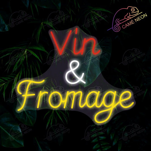 Néon LED Vin et Fromage lumineux, en rouge et blanc, idéal pour une cave à vin ou une cuisine conviviale.