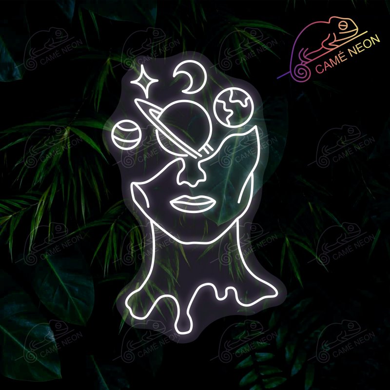 Néon LED Visage Planète minimaliste, en blanc lumineux, parfait pour une décoration moderne et apaisante.