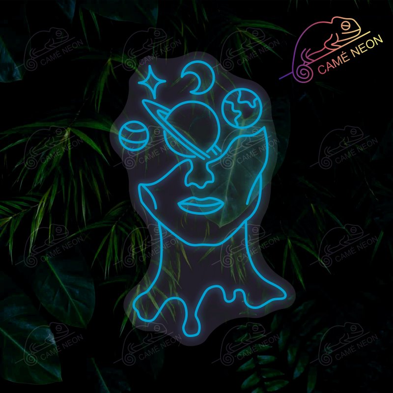 Néon LED Visage Planète minimaliste, en blanc lumineux, parfait pour une décoration moderne et apaisante.
