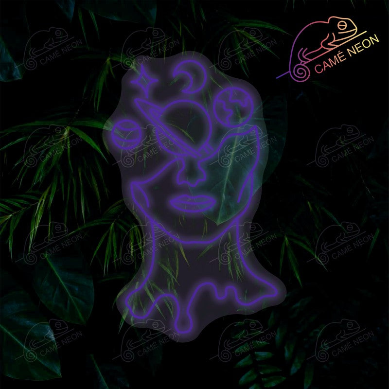 Néon LED Visage Planète minimaliste, en blanc lumineux, parfait pour une décoration moderne et apaisante.