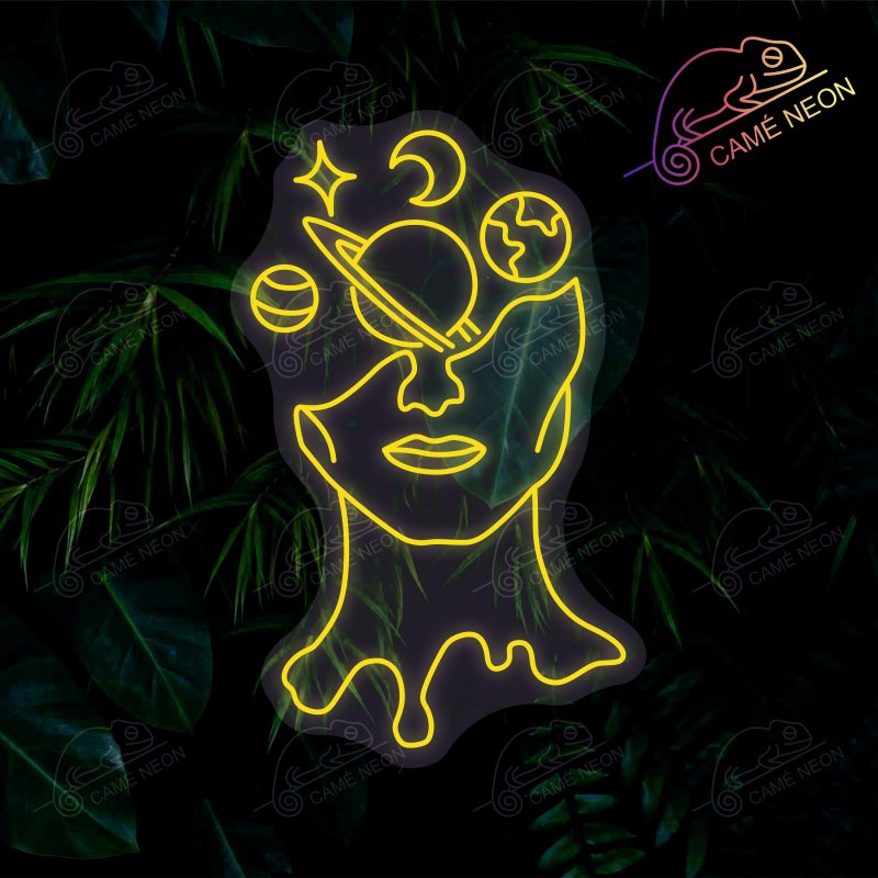Néon LED Visage Planète minimaliste, en blanc lumineux, parfait pour une décoration moderne et apaisante.