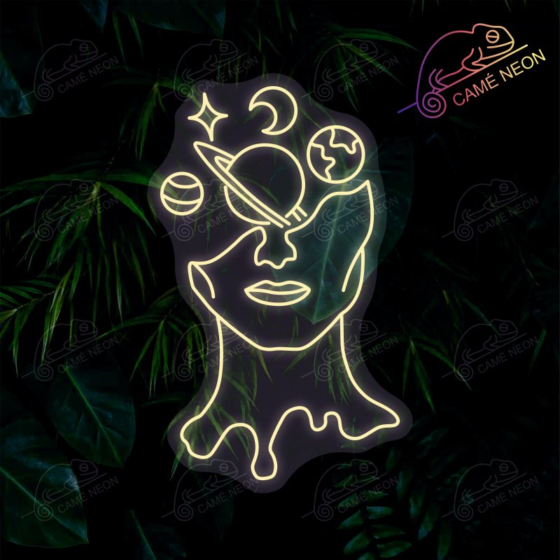 Néon LED Visage Planète minimaliste, en blanc lumineux, parfait pour une décoration moderne et apaisante.