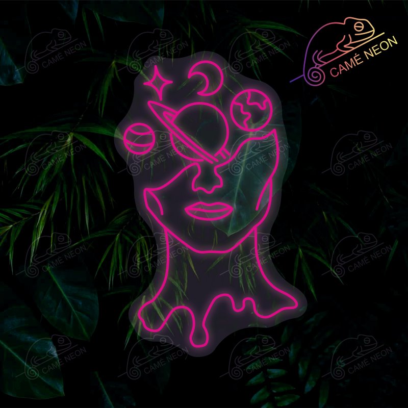 Néon LED Visage Planète minimaliste, en blanc lumineux, parfait pour une décoration moderne et apaisante.