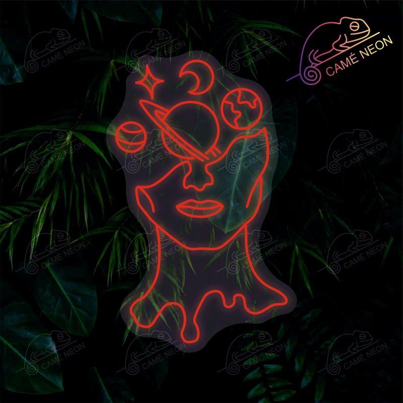 Néon LED Visage Planète minimaliste, en blanc lumineux, parfait pour une décoration moderne et apaisante.