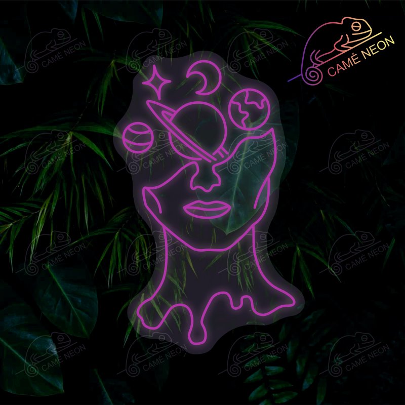 Néon LED Visage Planète minimaliste, en blanc lumineux, parfait pour une décoration moderne et apaisante.