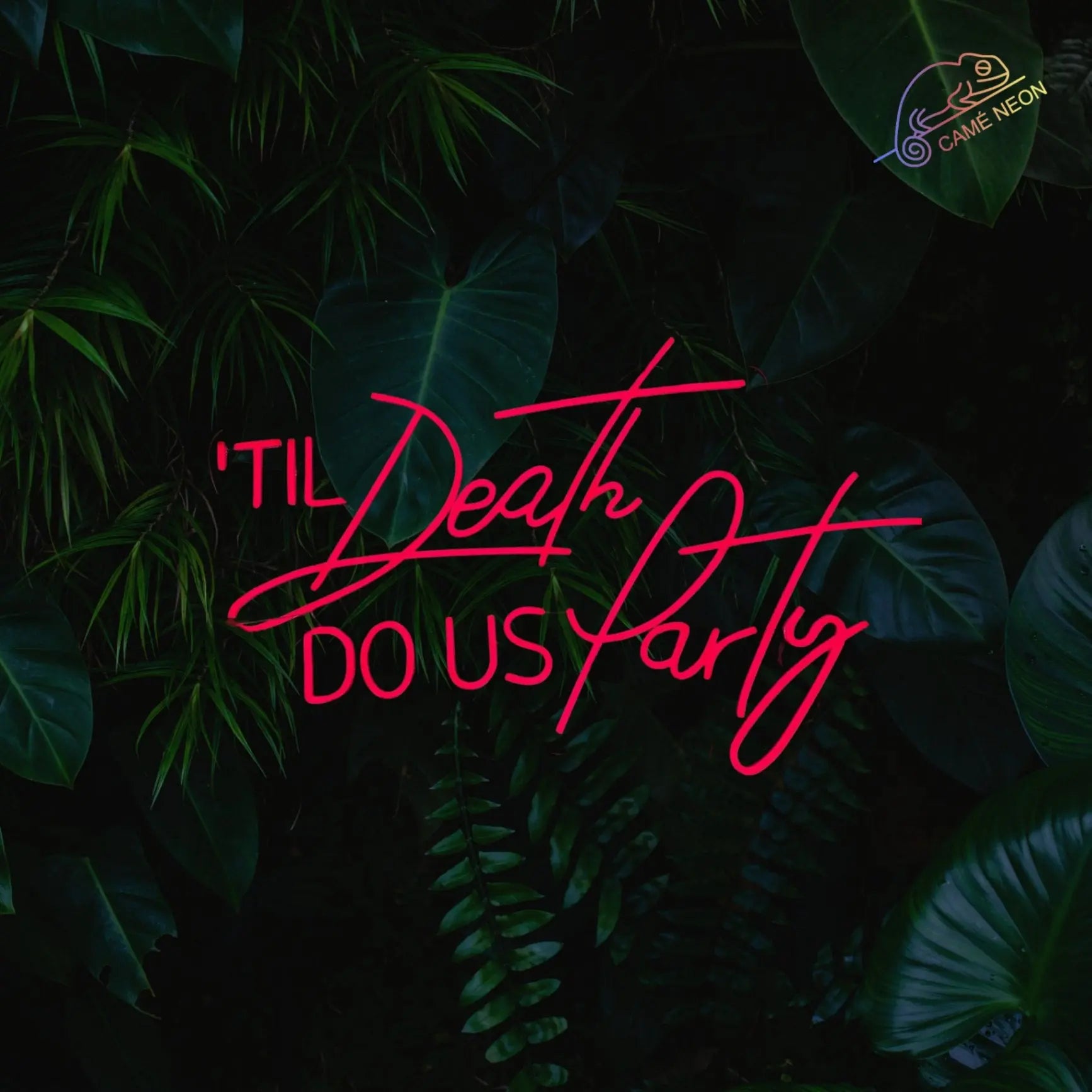 Néon LED "'til Death do us Party" en blanc lumineux, idéal pour un mariage ou une fête romantique et festive.